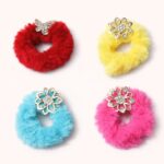 Fluffy Fur Hair Scrunchies with Crystal Flower Charm – Kids & Girls 4 PCS
