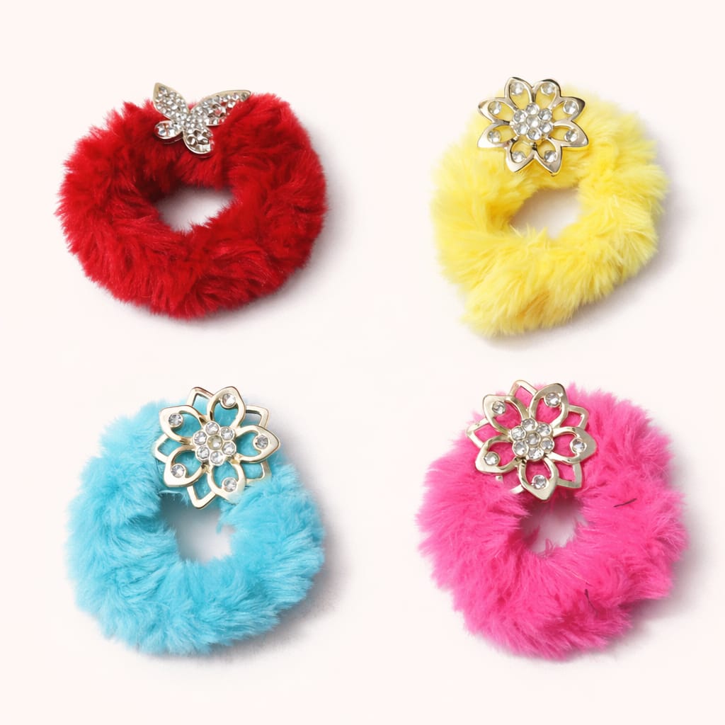 WhatsApp Image 2026-02-15 at 12.15.43 AM Fluffy Fur Hair Scrunchies with Crystal Flower Charm – Kids & Girls 4 PCS - Image 1